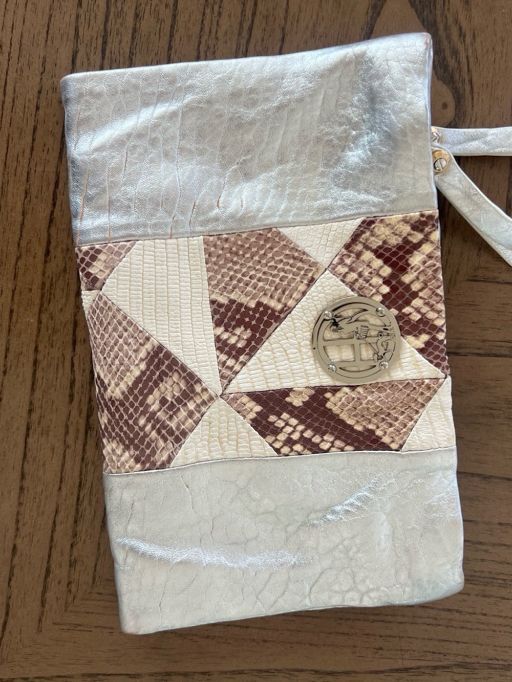 Metallic Silver and Cream Patchwork Wristlet Clutch